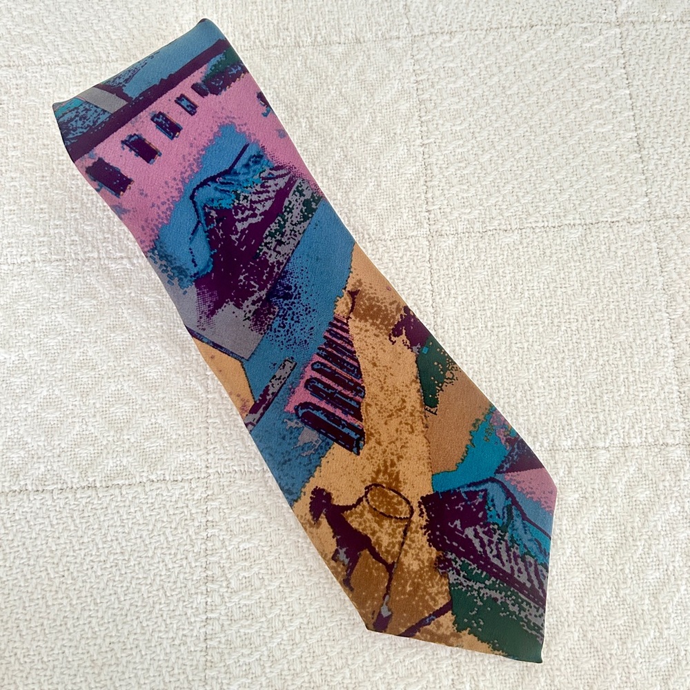 Liberty of London Vintage Silk Tie Abstract Print Purple Teal Designer 80s